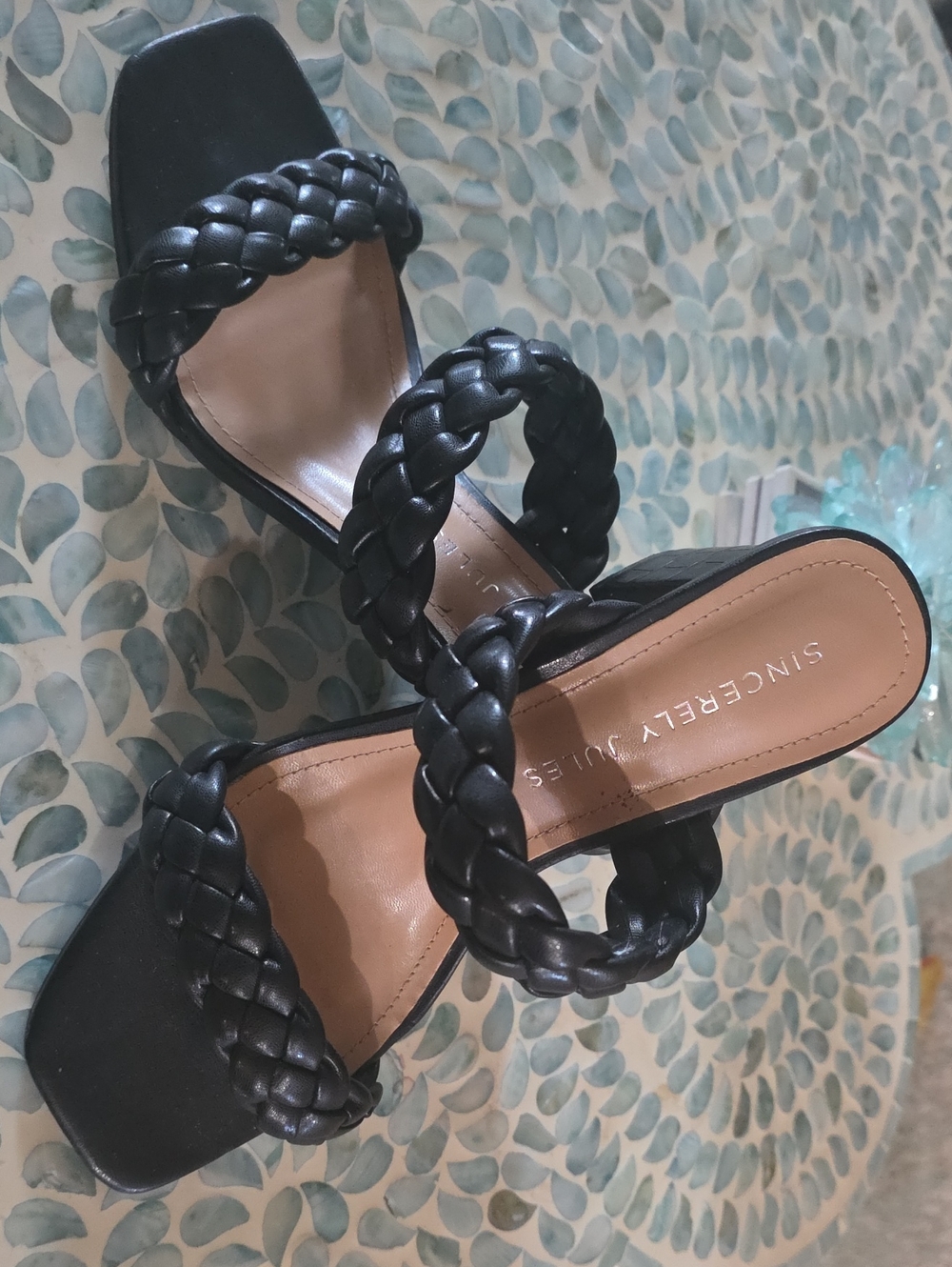 Sincerly Jules Black Braided Double-Strap Slide Heels